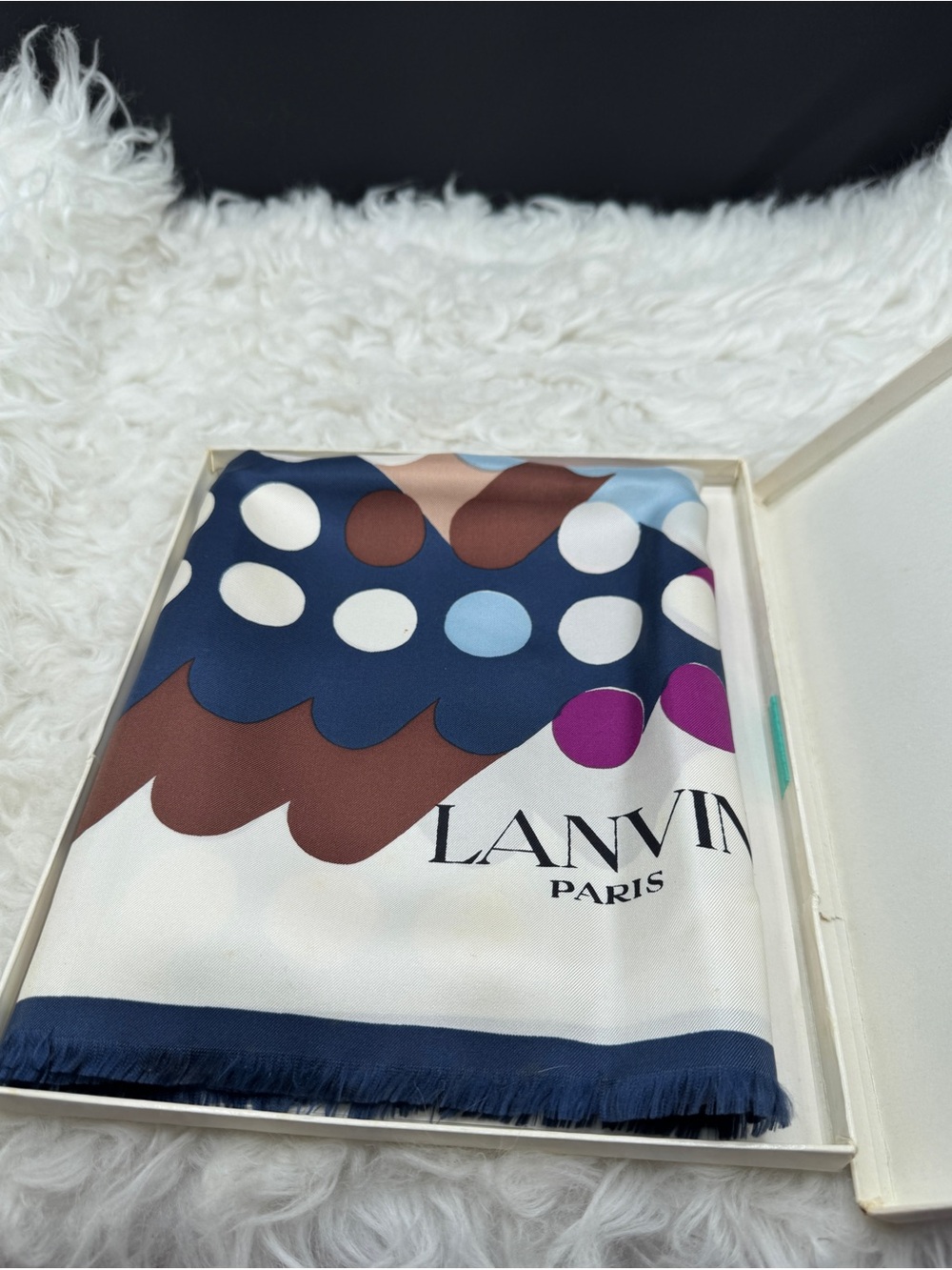 Lanvin Silk Scarf in Navy, Brown, White, Light Blue & Magenta with original box